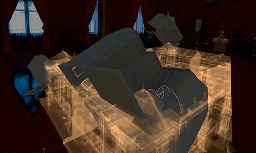 HADO体験会でARゴーグルとアームセンサーを装着し、教室で回避・攻防する参加者と観客の様子（新庄神室産業高校）